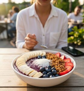 テラス席で楽しむアサイーボウルを食べる女性の画像