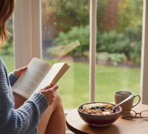 窓辺で読書しながらアサイーボウルを楽しむ画像