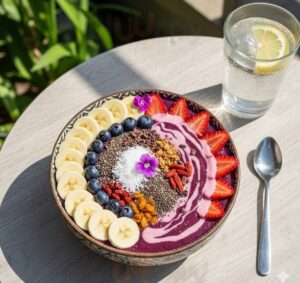 華やかで魅力的に盛り付けられたアサイーボウルの画像を想定し