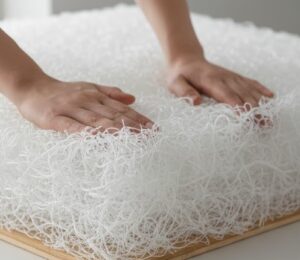 エアウィーヴのマットレスは、独自開発の素材「エアファイバー®」を押して感触を確認している画像