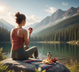 自然の中でリラックスし、健康的なライフスタイルを楽しむ人の後ろ姿の画像