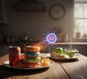 老化を加速させるようなNG食材や、それらを象徴するようなジャンクフードの画像