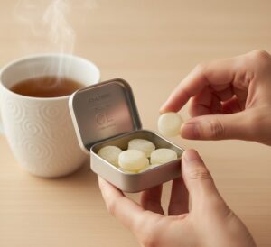 落ち着いた木目のテーブルの上で、浅田飴せきどめ（クールレモン味のドロップ）を一粒取り出し、口に運ぼうとしている画像