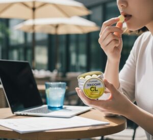 日中の活動中に咳が出た際、周りに配慮しながら喉のケアをする画像