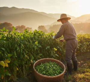 夕暮れ時の丹波篠山の畑で、枝付きの丹波黒枝豆を収穫する人の後ろ姿