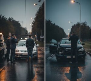 雨上がりの薄暗い路上で、小さな車の接触事故が起きた後の情景。
