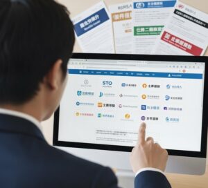 複数の企業のロゴが並ぶウェブサイト（一括見積もりサイトのようなイメージ）が映し出されたPC画面の前で、指先を画面に近づけ、熟考している人物