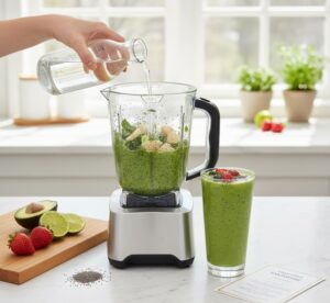 チアシードを使った簡単ダイエットレシピをイメージさせる、フレッシュなスムージーの準備風景