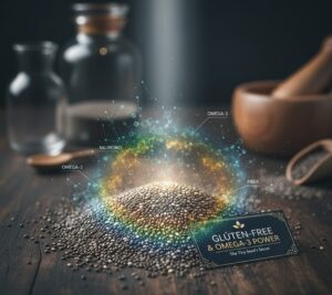 グルテンフリーでオメガ3が摂れる秘密をテーマに、チアシードが持つ栄養価をクローズアップした写真