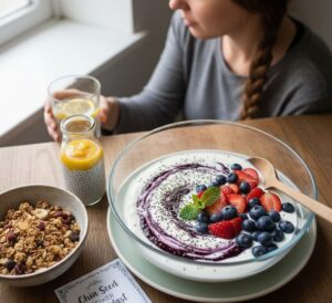 チアシードの満腹感をイメージさせる、朝食の準備風景です。ヨーグルトやフルーツにチアシードが加えられ、健康的で美味しそうな一日の始まりを予感させる画像