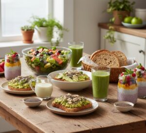 スムージーだけでなく、サラダやパン、ドレッシングなど、様々な料理にチアシードが加えられ、食卓を豊かに彩る様子