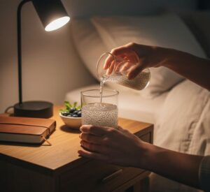 寝る前に、ベッドサイドでナイトルーティンとしてチアシード入りのドリンクを準備している様子