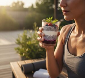 ワークアウト後の休憩中に、チアシードドリンクを手にしている女性