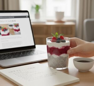 ：デスクワーク中の手元に、チアシード入りのドリンクとノートパソコン。仕事の合間にも手軽に健康習慣を取り入れている様子