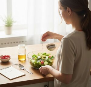 キッチンカウンターで、女性がチアシード入りのサラダを準備している画像