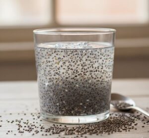 透明なグラスに入ったチアシードが水に浸され、ゼリー状に膨らんでいる画像