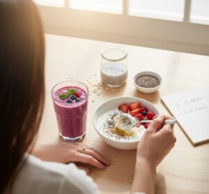 透明なグラスに入ったチアシードが水に浸され、ゼリー状に膨らんでいる様子