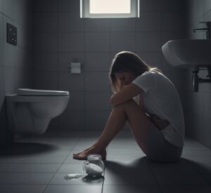 薄暗いバスルームの床に、膝を抱えて座り込む女性の後ろ姿