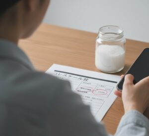 デスクの上で、一人の人物（手元のみで顔は映らない）が、健康診断の結果を示す書類を広げている画像