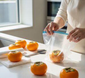 渋柿をラップで丁寧に包み、ジッパー付き保存袋に入れようとしている手元の写真