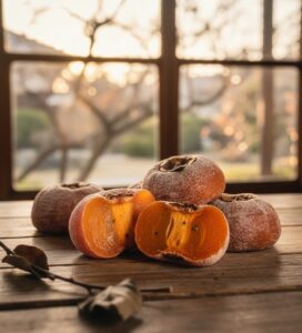 清潔感のある白い木製カウンターに、干し柿を盛り付けた小さな竹かごが置かれている画像