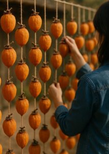 ヒモにつるされた干し柿の画像