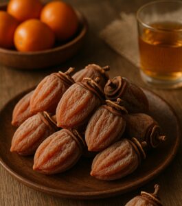 木製の皿に盛られた干し柿と隣にみかんが置かれている画像