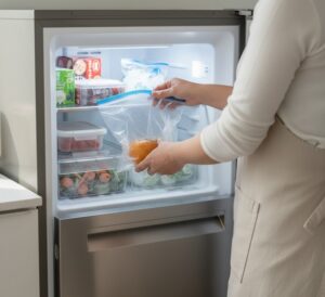 冷凍庫の扉を開け、冷凍された渋柿の入った保存袋を奥に入れようとしている後ろ姿