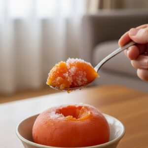 解凍された冷凍柿をスプーンですくって食べている手元をアップで写した写真