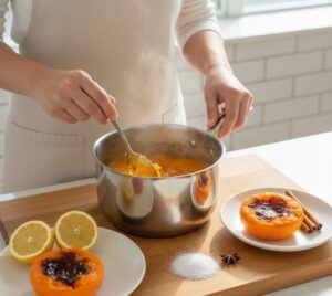 キッチンで、完全に解凍されてとろとろになった冷凍柿を使って柿ジャムを作っている様子