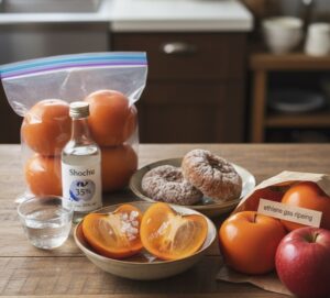 色々な方法で渋抜きされた柿がテーブルの上に並べられている様子です。