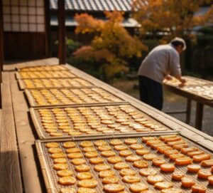太陽の光が降り注ぐ中、干し網に丁寧に並べられた干し芋