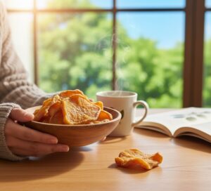 食卓にコーヒーと干し芋が置かれて置かれている様子