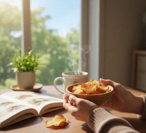 読書の合間に間食として干し芋うぃ食べている画像