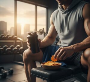 ジムでトレーニングウェアを着た人が干し芋を食べている画像