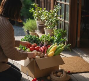 新鮮な野菜がぎっしり詰まった大きな段ボール箱が自宅に届いた様子