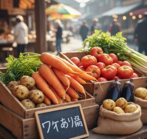 訳あり野菜が木箱に入れられて販売されている画像