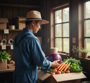 収穫されたばかりの新鮮な野菜を丁寧に梱包する農家の後ろ姿