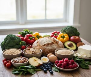 製のテーブルの上に、様々なグルテンフリーの食材が美しく並べられてい画像