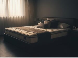 暗く落ち着いた寝室。広々とした高級感のあるベッドの中央に、厚手のマットレスと数種類の枕が配置されている画像