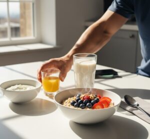 然光が明るく差し込むキッチンまたはダイニングテーブル。テーブルの上には、バランスの取れた朝食が美しく並べられている画像