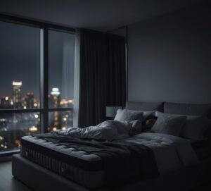深く静かな夜の寝室。窓からはぼんやりと街の明かりが見えますが、部屋の中はほぼ暗く、安らかな眠りを誘う雰囲気の画像
