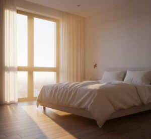 早朝の寝室。カーテンの隙間や窓から、柔らかく温かい朝日が部屋いっぱいに差し込んでいる画像