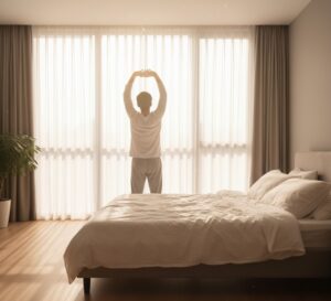 広々とした寝室で、窓から差し込む明るい朝日を浴びながら、ベッドサイドで軽く伸びをしている人物の後ろ姿
