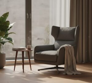 明るく整理された、モダンな書斎の一角。大きな窓からは穏やかな自然光が差し込んでいる画像