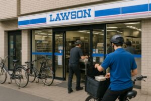 ローソン店内に搬入とデリバリーにでる店員の画像