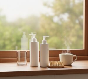 自然との共生」や「天然由来成分」のイメージを強調するため、明るい窓辺の棚に育毛剤ボトルが置かれている画像