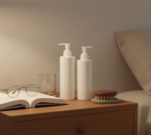 寝室のナイトスタンドに置かれた育毛剤のボトルをイメージ
