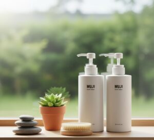明るい窓辺の棚に観葉植物と育毛剤ボトルが置かれている画像