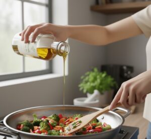 野菜炒めにオリーブオイルを掛けている画像